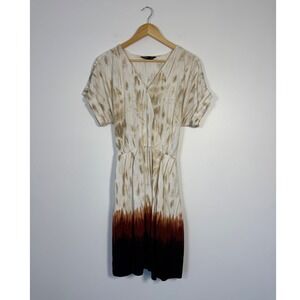 Boho Simply Vera Vera Wang Women Large Midi Dress Brown Cream Tie Dye Surplice